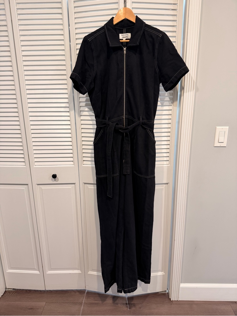 Reformation Black Zip-Front Jumpsuit with Contrast Topstitching - Like NEW